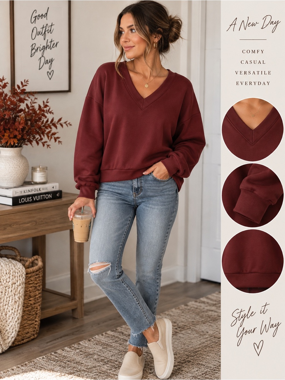 A New Day Women’s Burgundy V-Neck Pullover Sweatshirt – Relaxed Fit